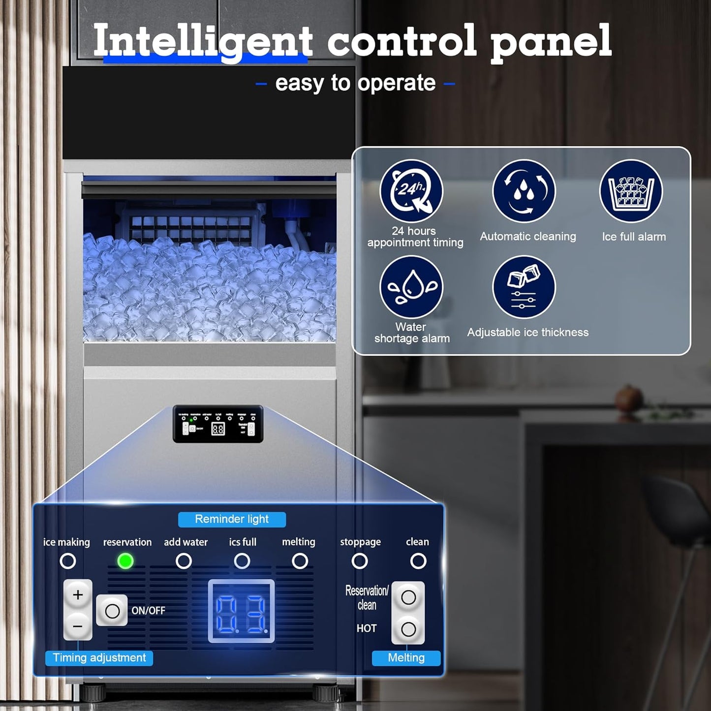 Commercial Ice Maker Machine 150lbs/24H with 30lbs Storage, Stainless Steel Undercounter/Freestanding Ice Machine 50Ice/Cycle 2 Water Inlet Modes Self-Cleaning for Homes Restaurants Bars