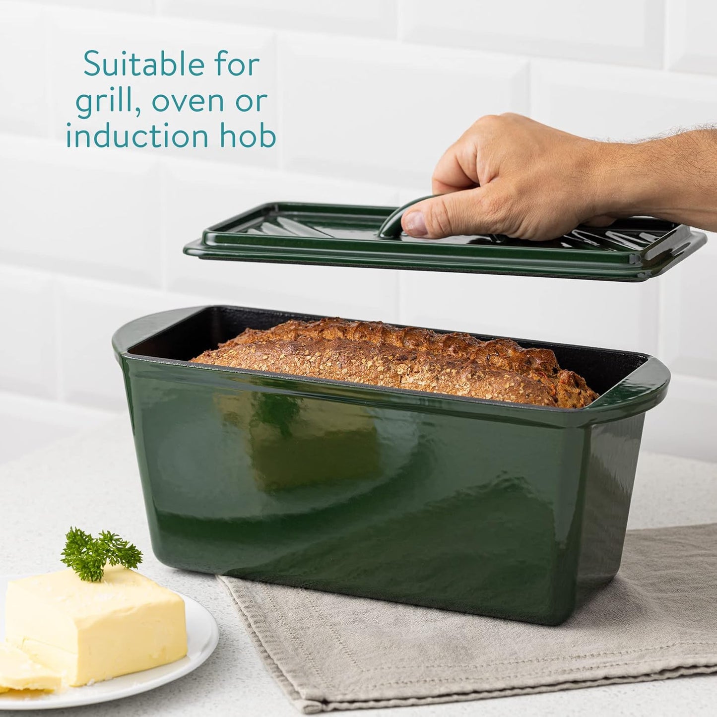 Navaris Bread Loaf Pan with Lid - Cast Iron Bread Baking Dish for Bulge Top or Flat Top Breads Meat Veg Meatloaf - Baking Tin 13-3/8" x 5-1/8" x 5-1/8" - Green