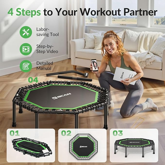 BCAN 51" Octagonal Mini Trampoline, Max Load 450 LBS Fitness Trampoline with T-Adjustable Handle Bar, Silent Bungees, Larger, More Stable, Quieter Exercise Rebounder for Adults Indoor/Garden Workout