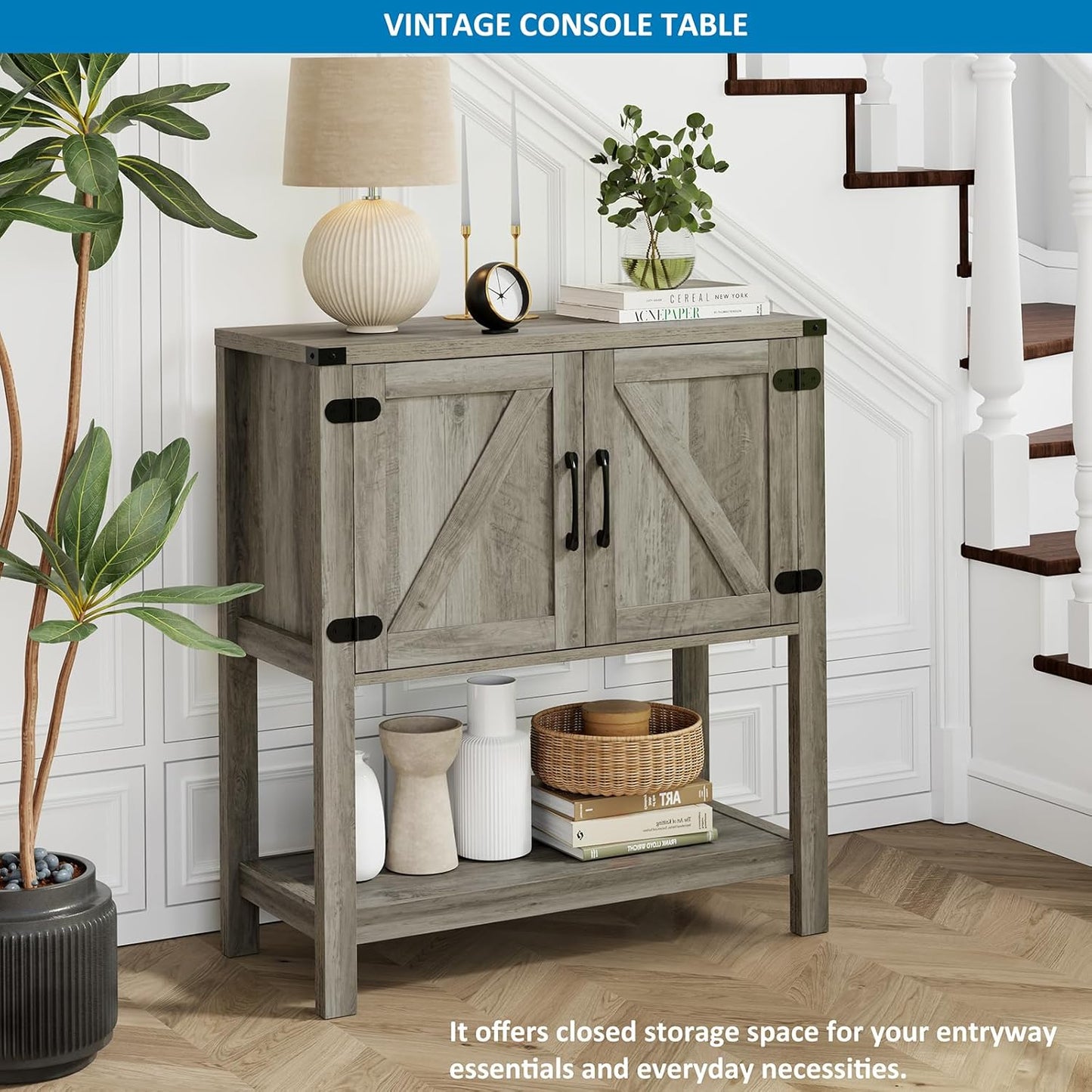 Console Table with 2-Door Cabinet Coffee Bar Cabinet Sofa Table,Entryway Table with Storage, Farmhouse Buffet Sideboard (Grey)