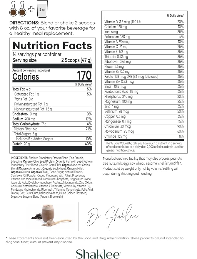 Shaklee Life Shake™ Plant Protein Rich Chocolate - Complete Meal Replacement with 20g Protein, 6g Fiber, 24 Vitamins & Minerals - Supports Satiety & Healthy Weight - Non-GMO - 14 Servings