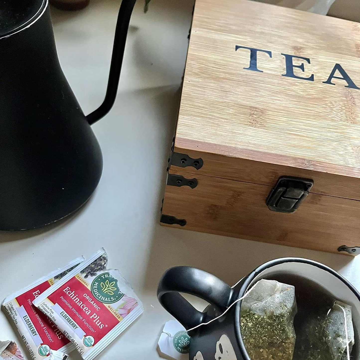 Tea Organizer Box 7.4" x 8.1" x 4.2" Bamboo Wood Organizer Storage Chest 4 Tall Adjustable Slots 100% Handmade Eco-Friendly Natural Kitchen Décor