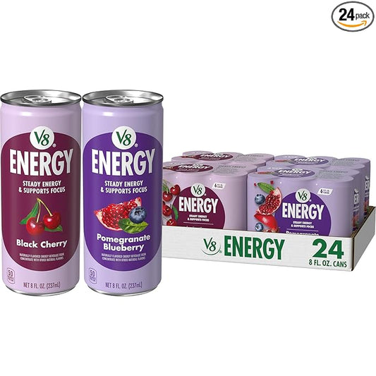 V8 +Energy Black Cherry and Pomegranate Blueberry Juice Energy Drinks, 8 fl oz Can (24 Pack)