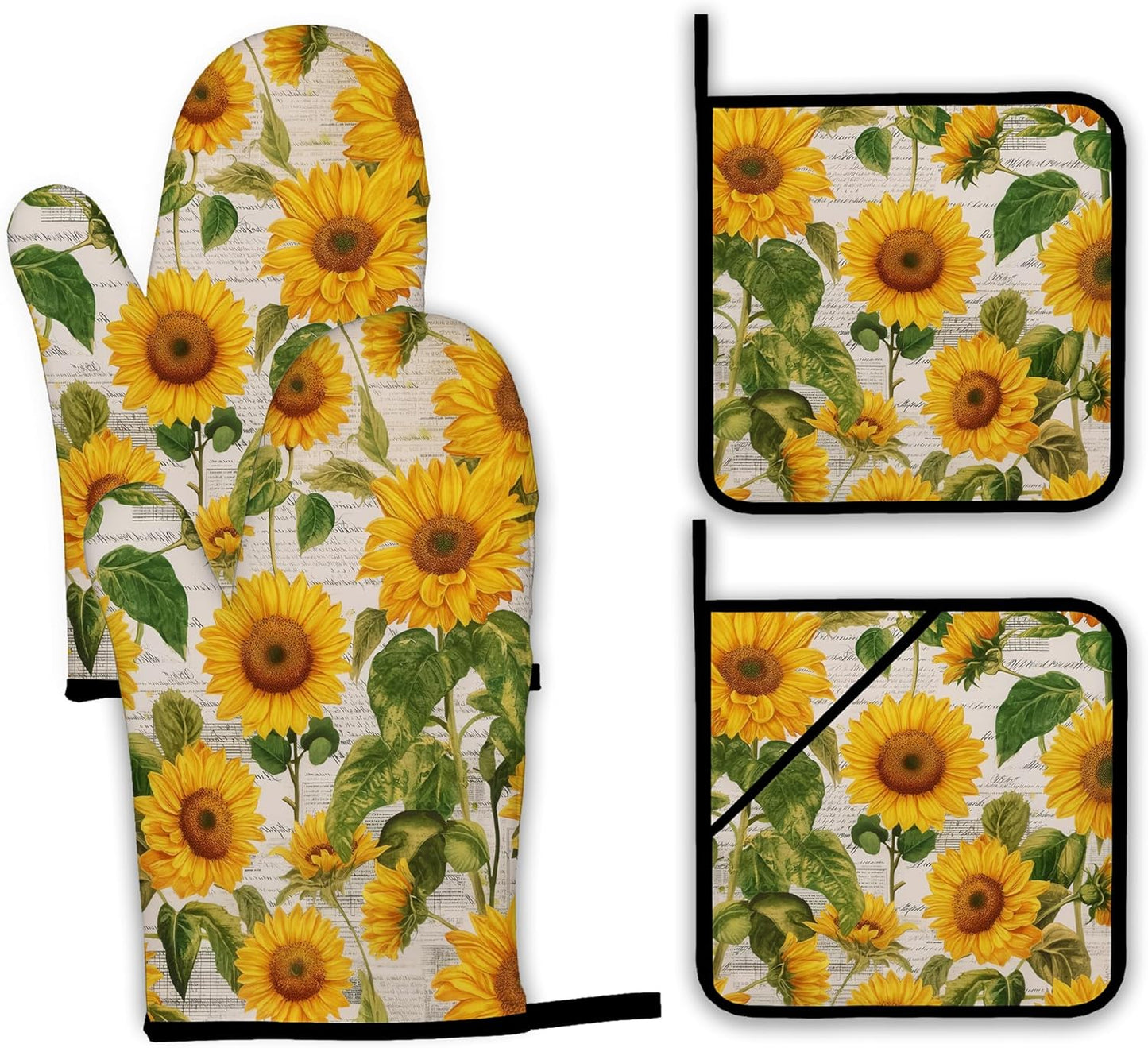 Vintage Sunflower Oven Mitts and Pot Holders,Heat Resistant Oven Mitts Gloves and Pot Holder for Home Kitchen Decorations Cooking Baking BBQ Gifts,Set of 4