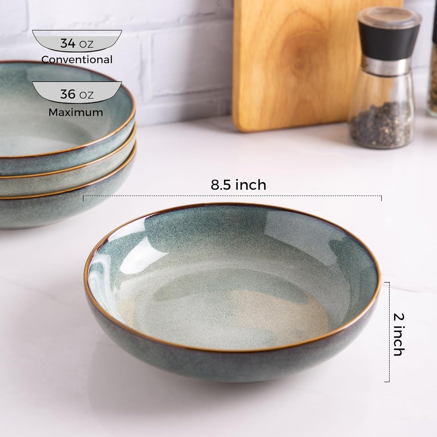 AmorArc 8.5'' Large Ceramic Pasta Bowls, 36oz Stoneware Pasta Serving Bowls Set of 4 for Kitchen, Wide Bowls for Pasta,Salad,Oatmeal, Microwave Safe, Reactive Glaze-Ocean