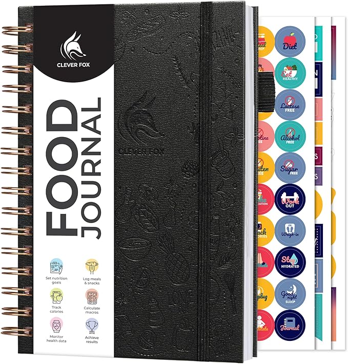 Clever Fox Food Journal Spiral - Daily Food Diary, Meal Prep Planner to Track Calories & Nutrients, Weight Loss Tracker Notebook (Black)