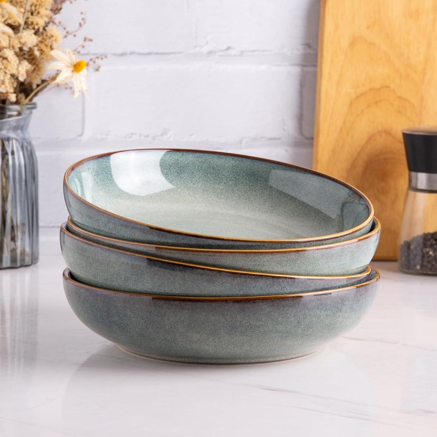 AmorArc 8.5'' Large Pasta Bowls, 36oz Ceramic Pasta Serving Bowls Set of 6 for Kitchen, Wide Bowls for Pasta,Salad,Oatmeal, Microwave Safe, Ocean Blue