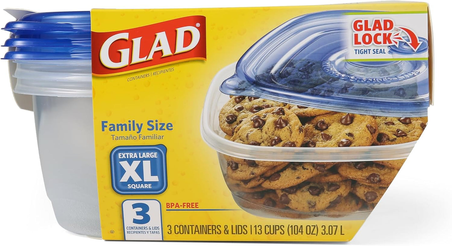 Glad GladWare Family Size Food Storage Containers, XL Square - Meal Container Holds up to 104 Ounces of Food - Lock Tight Seal, 3 Count