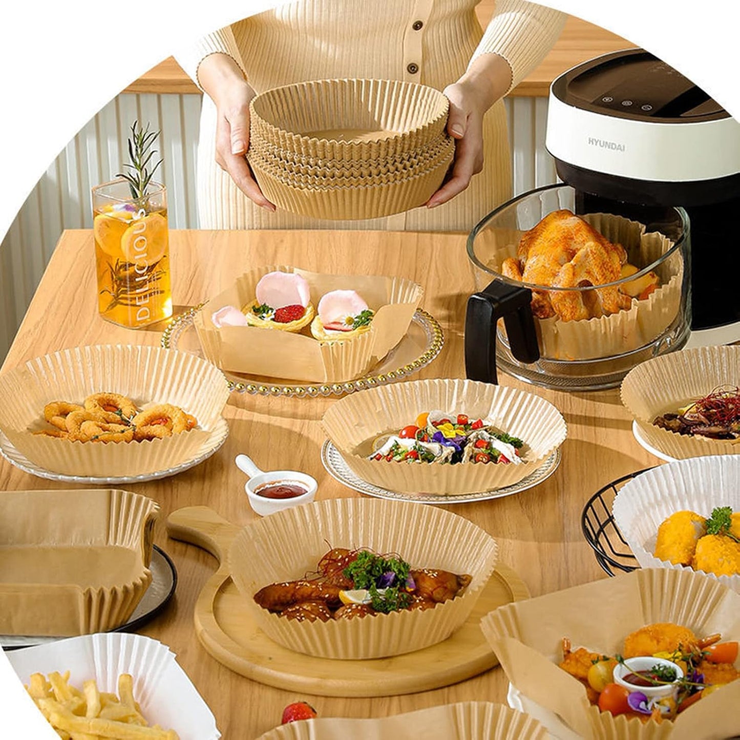 Air Fryer Disposable Paper Liner, 7.9in to 9.4inch Baking Parchment Paper Air fryer liners,100 PCS square Waterproof Oil-Proof High Temperature Cooking Non-Stick Liner for Ovens,Microwave