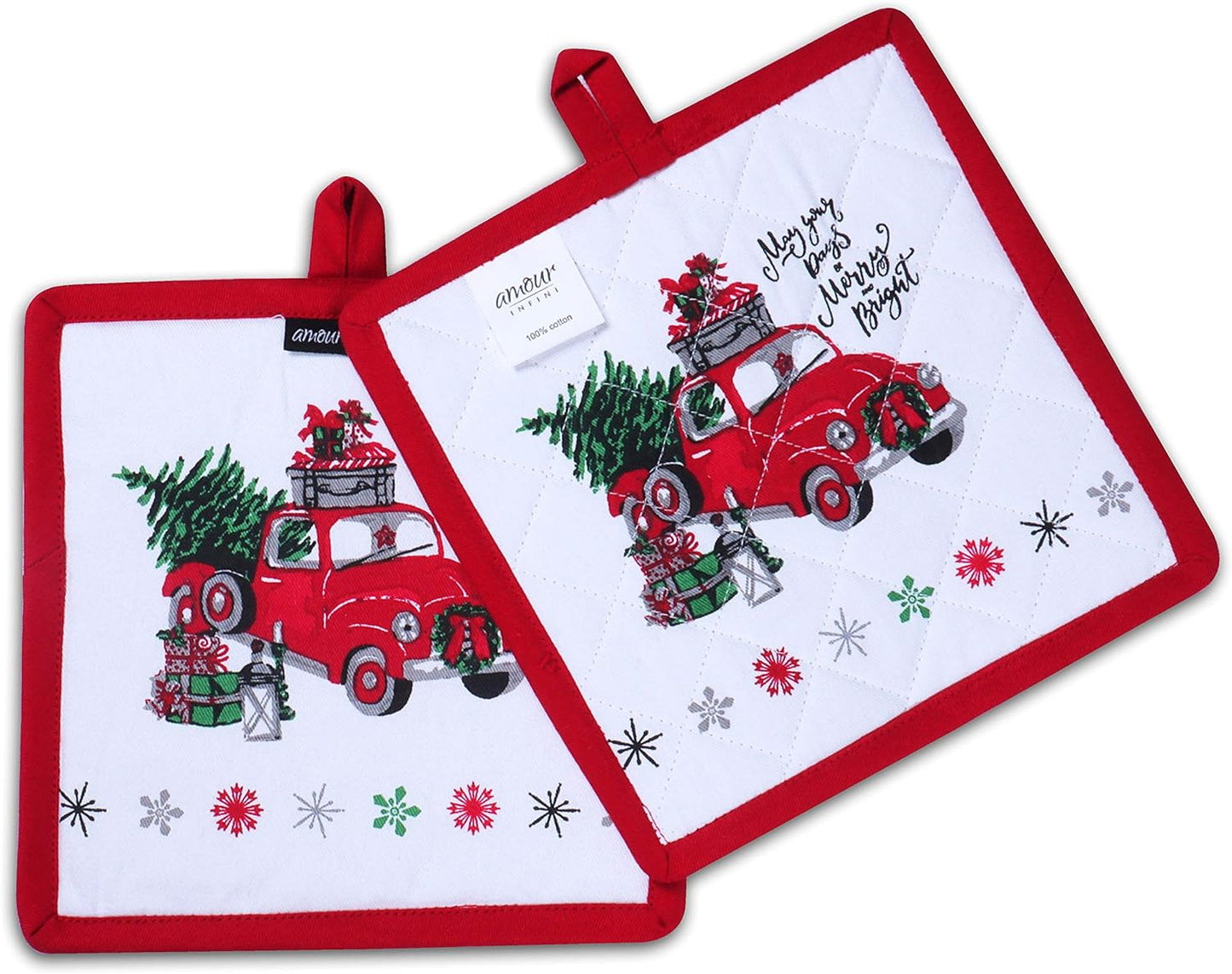 AMOUR INFINI Heat Resistant Pot Holders 100% Cotton Set of 3 Unique Merry Christmas Design 8x8 Inches|Nonslip Hot Pads for Kitchen Baking Cooking Outdoor BBQ Party|Thanksgiving Christmas Festive Gift