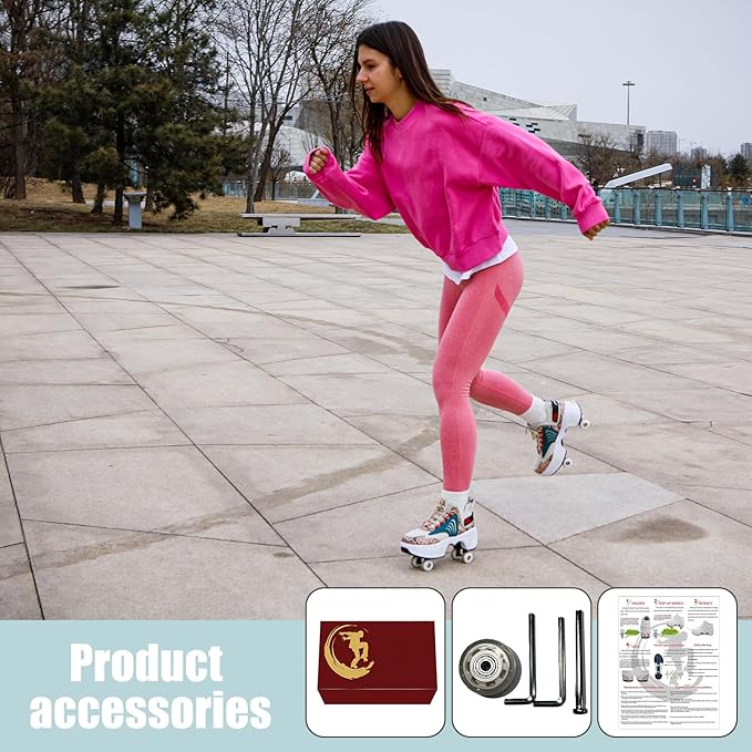 Roller Skate Shoes for Women Four Rounds Children's Roller Skates Shoes That Turn into Rollerskates Sneakers Outdoor Light Shoes with Wheels for Girls/Boys