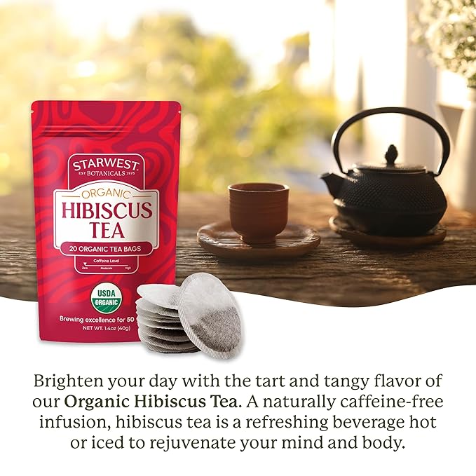 Starwest Botanicals Organic Hibiscus Tea - Caffeine Free Herbal Tea, Tea with Antioxidant Properties, String Free Sachets, USDA Organic Hibiscus Flower, Non GMO - 20 Tea Bags