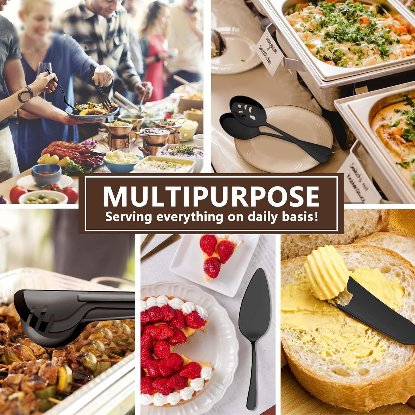 BEWOS Black 20-Piece Serving Set, Black Slotted Spoons & Tongs, Forks, Cake Server & Butter Knife, Stainless Steel, Dishwasher Safe