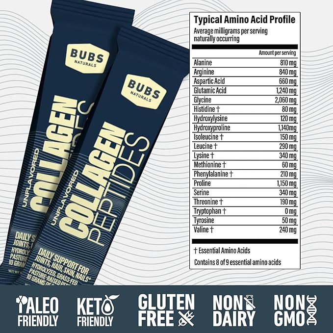 BUBS Naturals Unflavored Collagen Peptides Powder - Best Proteins for Joints & Skin - Pasture Raised Grass Fed - Paleo & Keto Friendly, Whole30 Approved, Non-GMO, Dairy & Gluten Free (20 Stick Packs)
