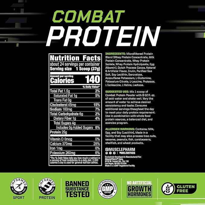 MusclePharm Combat Protein Powder, Chocolate Milk Flavor, Fuels Muscles for Productive Workouts, 5 Protein Sources Including Whey Protein Isolate & Egg Albumin, Gluten Free, 2 lb, 24 Servings