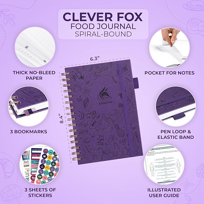 Clever Fox Food Journal Spiral - Daily Food Diary, Meal Prep Planner to Track Calories & Nutrients, Weight Loss Tracker Notebook (Purple)
