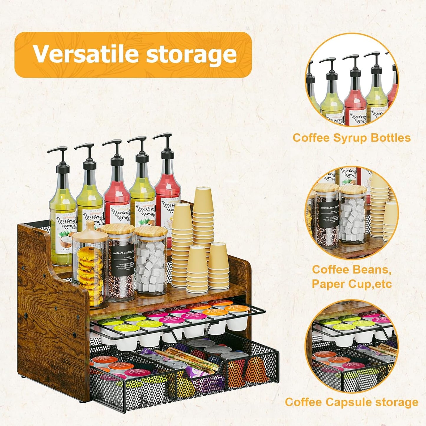 Coffee Pod Holder with Drawer & Dividers, 4-Tier Wood K Cup Organizer for Countertop, Coffee Bar Organizer Storage Box, Coffee Station Organizer for Kitchen Coffee Station