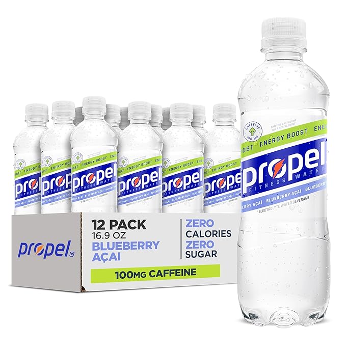 Propel Energy Boost Zero Calorie Flavored Water With Electrolytes and Caffeine, Blueberry Acai, 16.9 fl oz Bottles (12 Pack)