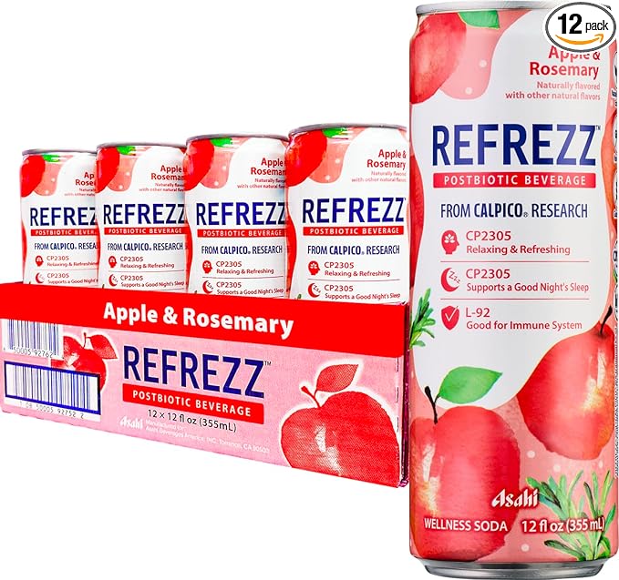 REFREZZ Postbiotic Beverage, Apple & Rosemary, Relaxing and Refreshing, Supports a Good Night's Sleep, Good for Immune System, Gluten Free, Non‑GMO, 35Calories, 12oz (12Cans)