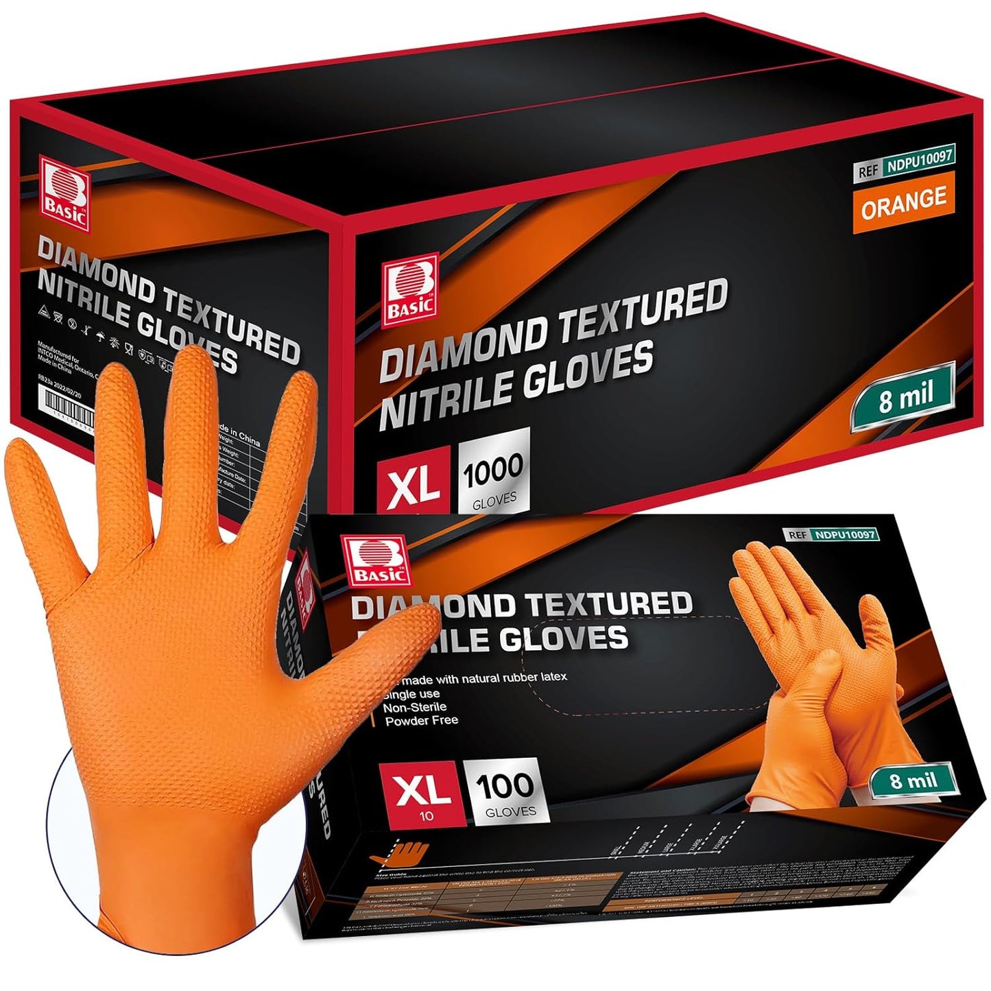 Jointown Basic Heavy Duty Nitrile Gloves, Mechanic Gloves 8 Mil Nitrile Disposable, with Raised Diamond Texture, Case of 1000, Orange, XLarge