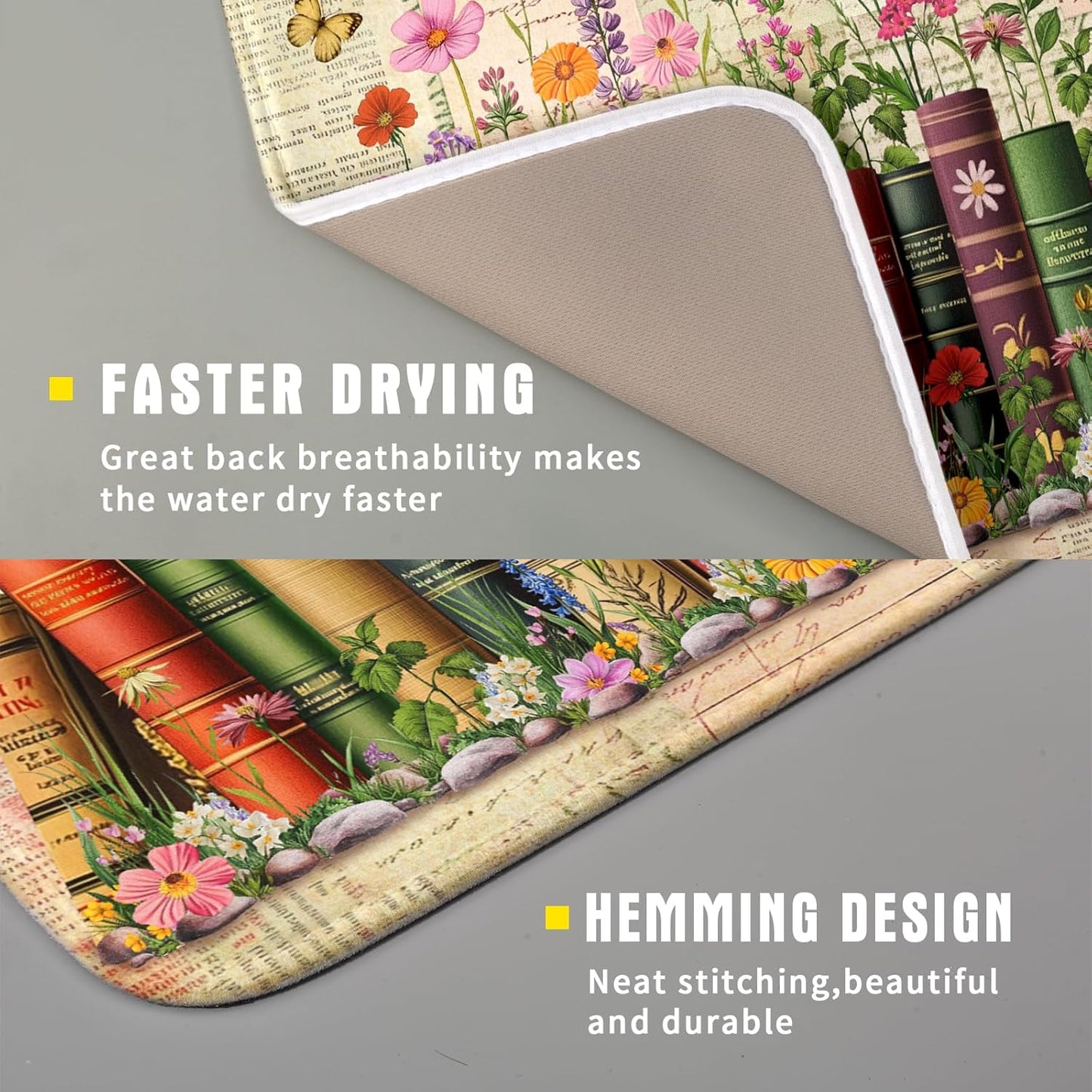 Colorful Books Kitchen Drying Mat - Watercolor Floral Drying Matt Kitchen Counter 16 X 18 In