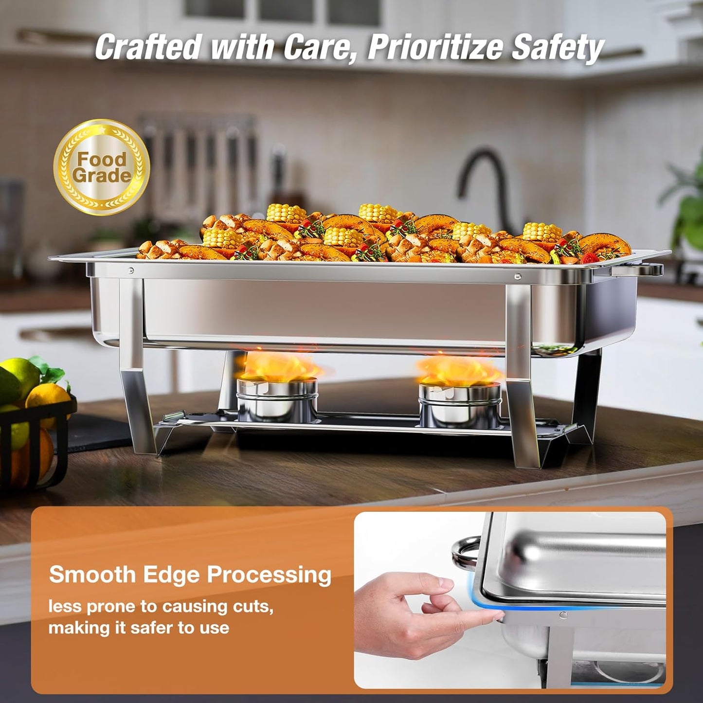 Chafing Dishes for Buffet (9QT, 2 Pack) - Easy Assembly, Food-Grade Stainless Steel Chafers for Catering w/Rolled Edge Design, Foldable Frame, for Party, Banquet (Full Size Food Pan)