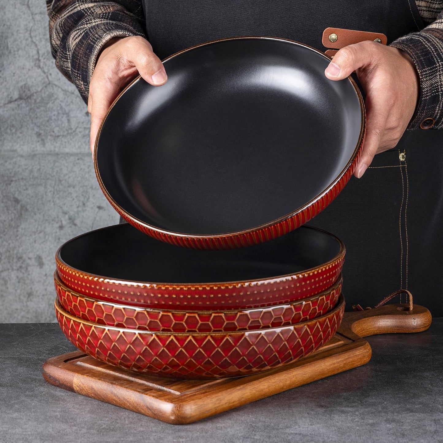 GBHOME 9.5'' Large Pasta Bowls, 42 Ounce Stoneware Salad Bowls for Kitchen, Ceramic Serving Bowls With Textured Pattern for Pasta,Fruit, Stews,Noodle, House-warming Gift, Set of 4-Rythmic Red