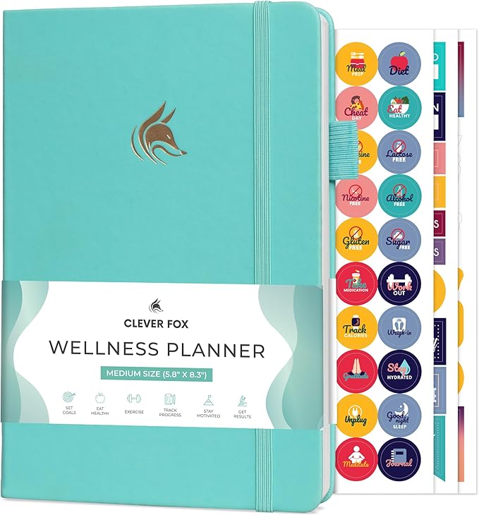 Clever Fox Wellness Planner - Weekly & Daily Health and Wellness Log, Food Journal & Meal Planner Diary for Calorie Counting, Notebook for Medical Condition Tracking, A5-Sized - Turquoise