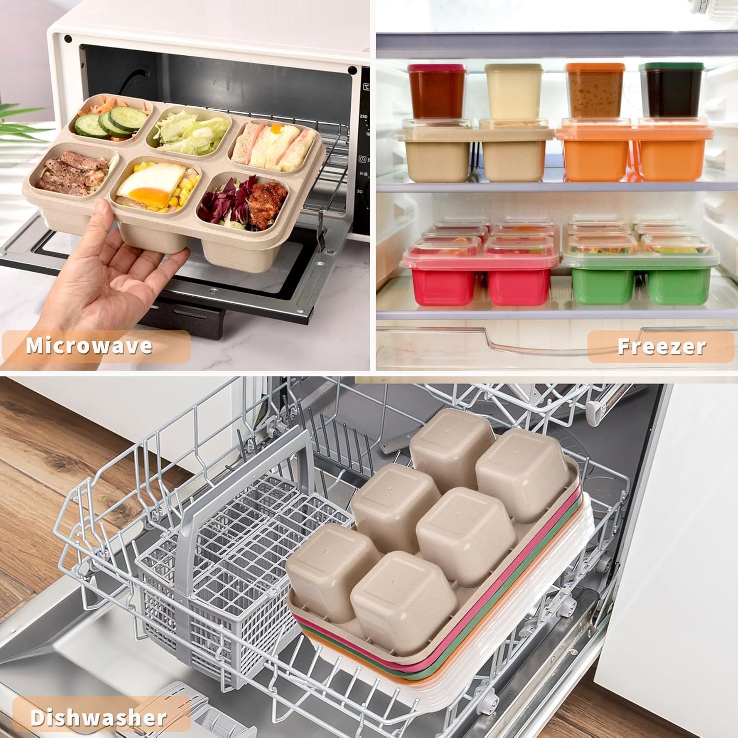 4-Pack Leakproof Bento Box & Snack Containers for Kids & Adults | 6-Compartment with 4 Sauce Cups | Ideal for School, Office, Picnic & Travel (38oz/1100ml) (Pink/Beige/Orange/Green)