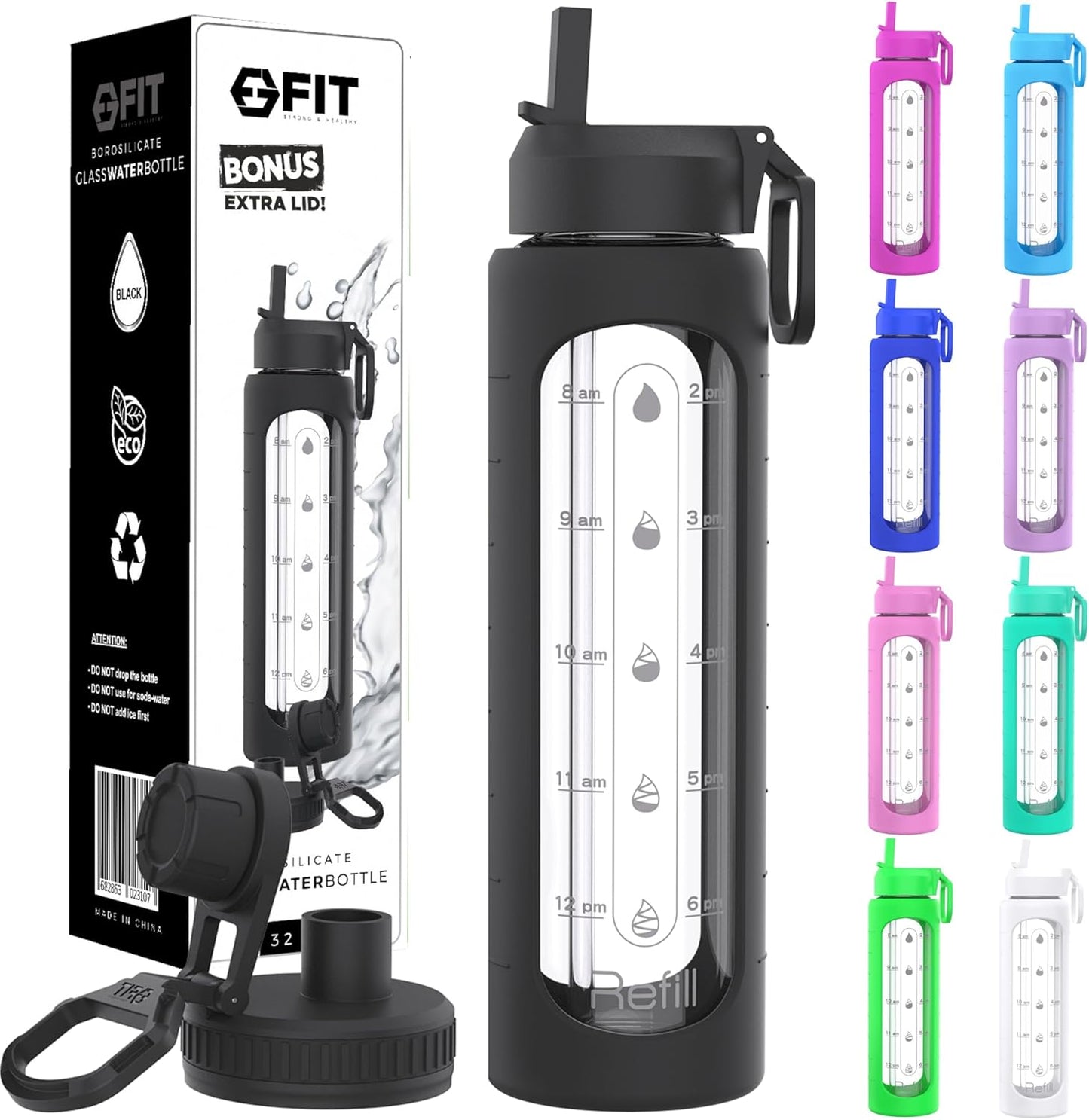 FIT Strong & Healthy 32 oz Glass Water Bottle with Straw Lid, Time Marker, Sleeve & Extra Lid - Motivational, Wide Mouth 1 Liter Glass Drinking Bottle