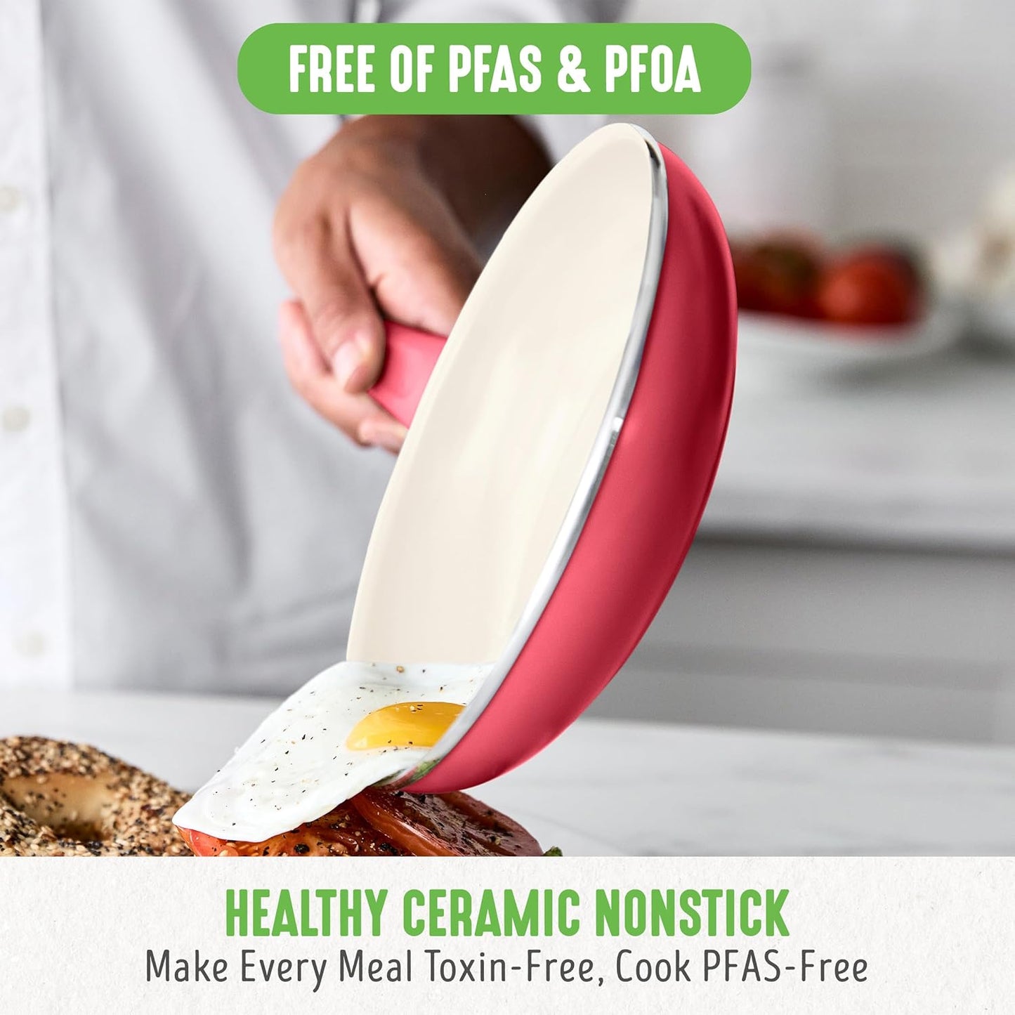 GreenLife 16 Piece Nonstick Cookware Set, Soft Grip Non-Toxic PFAS-Free Ceramic Pots & Pans, Dishwasher & Oven Safe, Frying, Sauce, Saute, Utensils, Glass Lids, Stay-Cool Handles, Wobble Free, Red