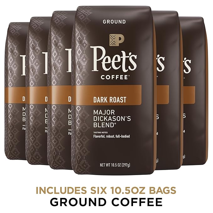 Peet's Coffee, Dark Roast Ground Coffee - Major Dickason's Blend 63 Ounces (6 Bags of 10.5 Ounces)