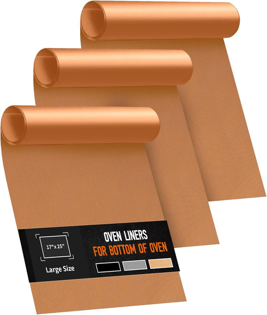 3 Pack Oven Liners for Bottom of Oven, 17x25" Large Heavy Duty Non-Stick Reusable Oven Mat for Electric, Gas, Toaster & Convection Ovens - BPA & PFOA Free, Dishwasher Safe, Kitchen Essentials, Copper