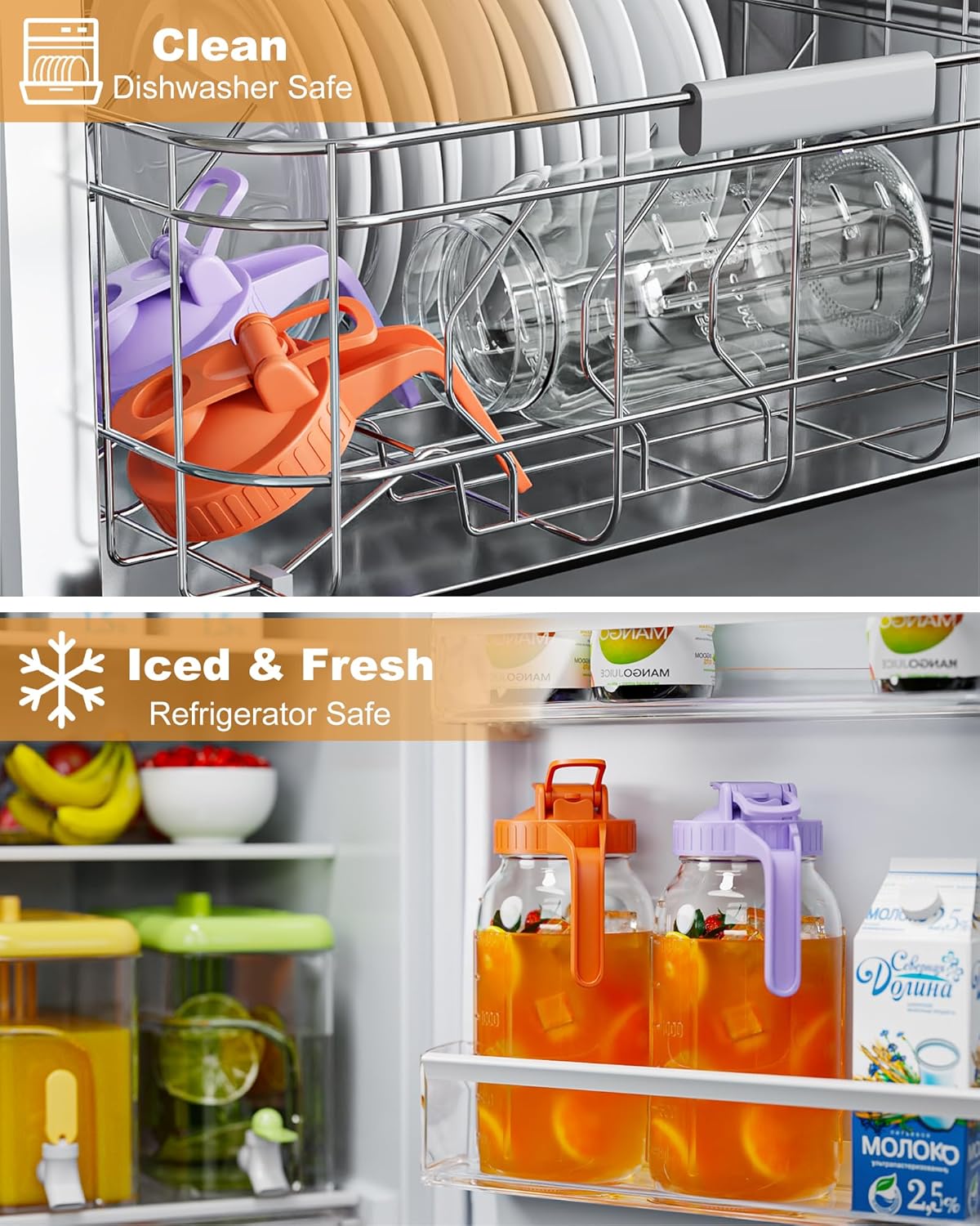 | 2 Pack | 64oz | Glass Mason Jar Pitcher with Lid and Spout, 2 Quart (1.9 Liter) Airtight Glass Water Jug Wide Mouth for Juice, Sun Tea, Iced Coffee, Milk Storage, Purple & Orange