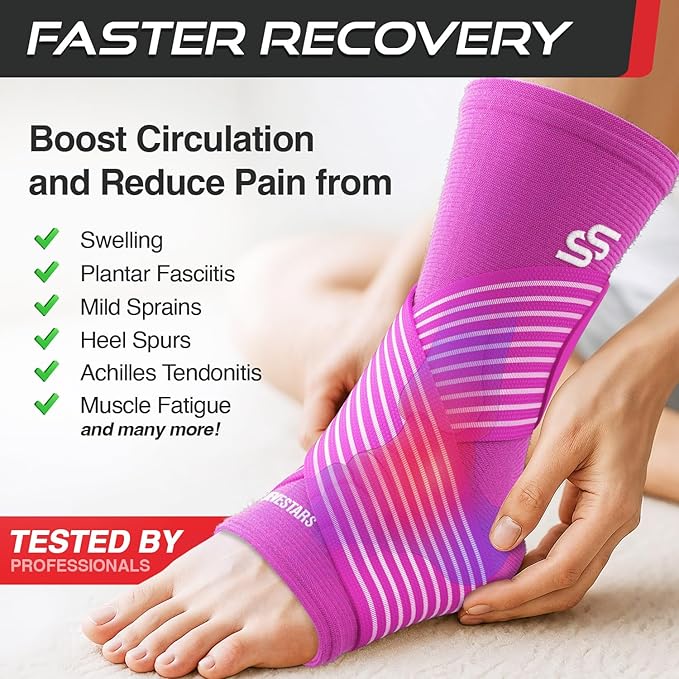 Sleeve Stars Ankle Brace for Women & Men, Ankle Wrap for Sprained, Compression Sleeve for Plantar Fasciitis Relief, Easy Customizable Support: w/ Removable Strap (Single/M:10"-12"/Hot Pink)