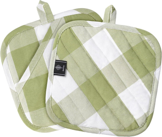 Cotton Pot Holders for Kitchen Heat Resistant Potholder Hot Pads Trivet Coaster Non-Slip Potholders Set for Cooking and Baking (2, Green Plaid, Square，8.27 in²)