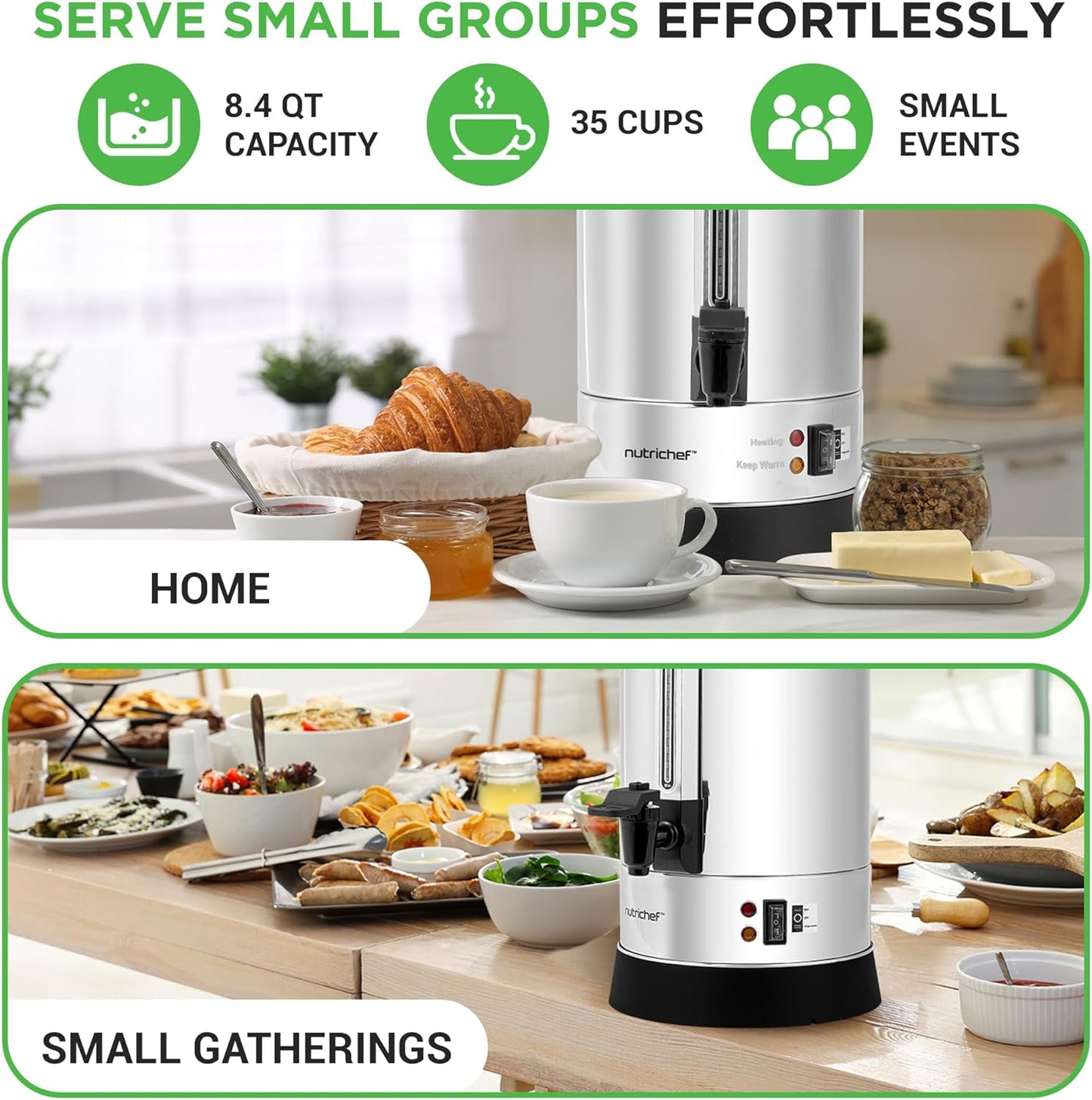 NutriChef Water Boiler and Hot Water Dispenser, 8L Electric Beverage Dispenser with Safety Lock Lid, Non-Drip Tap, Warm Function, Food Grade Stainless Steel, Home & Commercial Use, 19"x9"x9", Silver