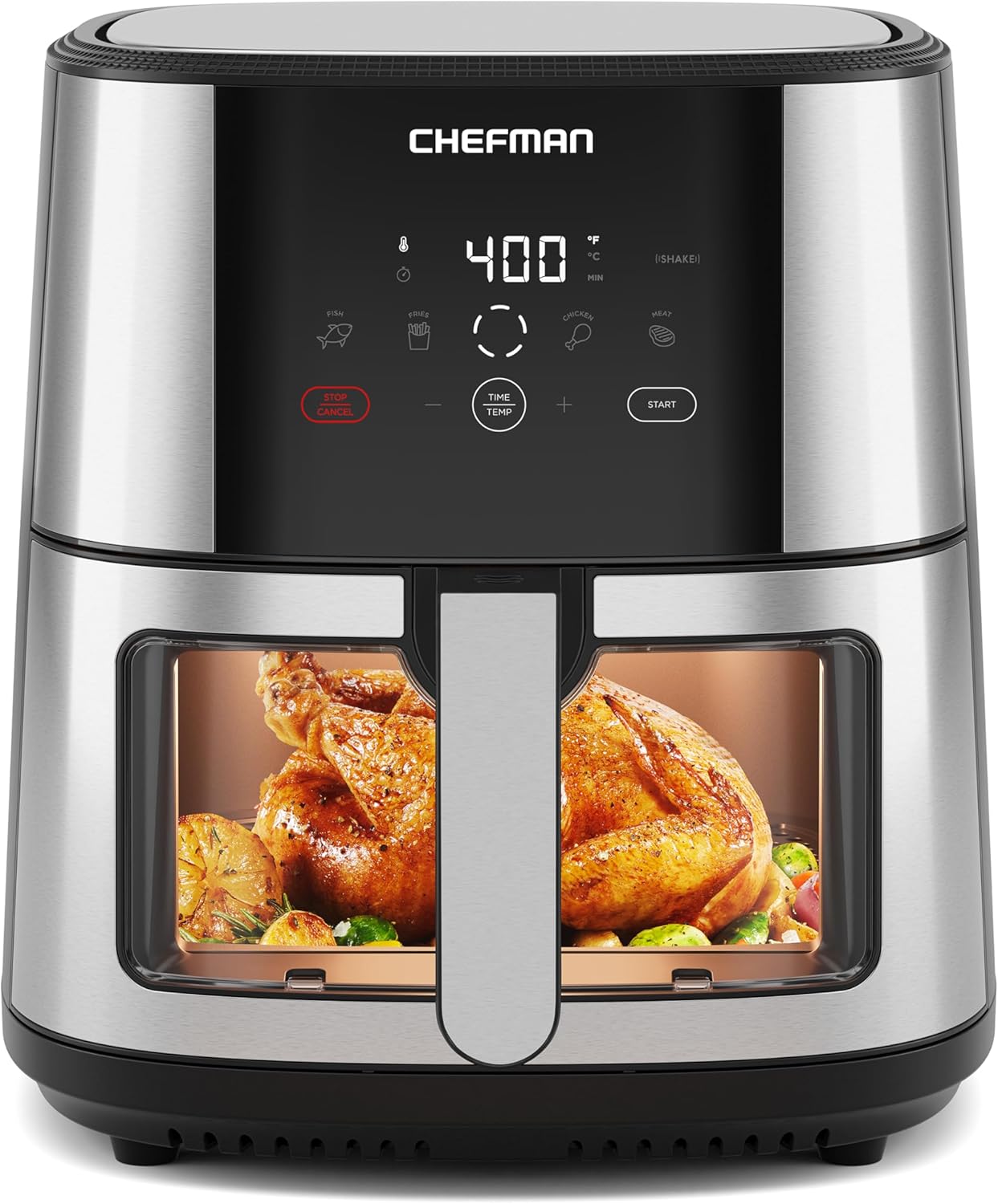 CHEFMAN Easy-View Air Fryer – 8 Qt Family Size with Viewing Window, One-Touch Digital Control with 4 Presets, Nonstick & Dishwasher Safe, Broil, Roast, Dehydrate, Bake, Auto-Shutoff, Stainless Steel