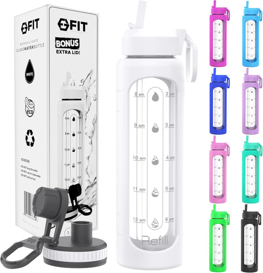 FIT Strong & Healthy 32 oz Glass Water Bottle with Straw Lid, Time Marker, Sleeve & Extra Lid - Motivational, Wide Mouth 1 Liter Glass Drinking Bottle