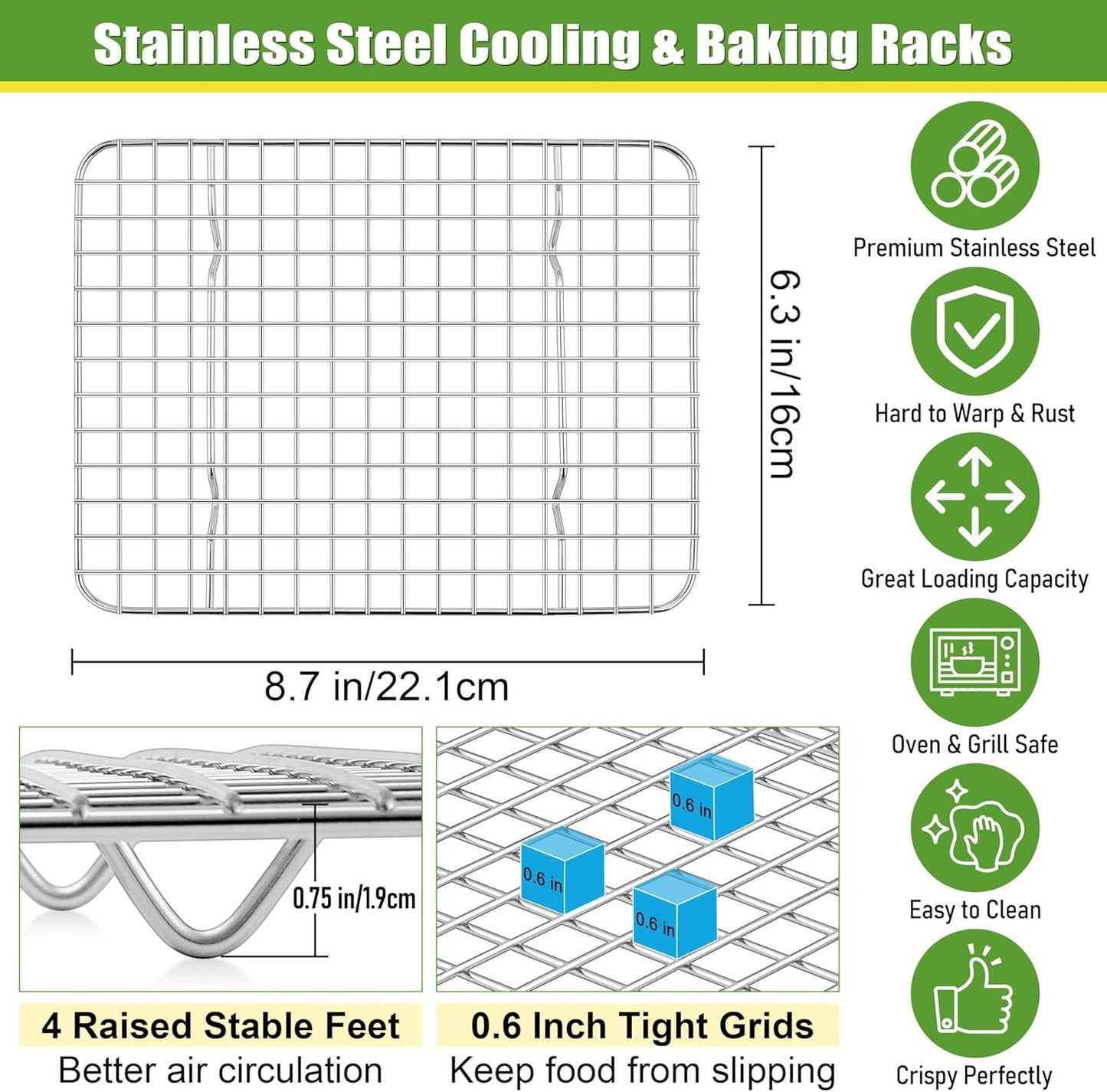 Homikit 2 Pack Cooling Rack Set, 8.7" x 6.3" Stainless Steel Baking Rack for Bacon Bread Pizza, Mini Metal Wire Oven Racks for Cooking Fit Small Toaster Oven Pan, Rust Free & Dishwasher Safe