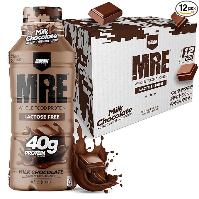 REDCON1 MRE Ready to Drink Protein Shake, Milk Chocolate - Lactose + Whey Free RTD 40gr Protein Made with Real Whole Food Protein Blends - Keto-Friendly and Easy to Digest Nutritional Shake (12 Pack)