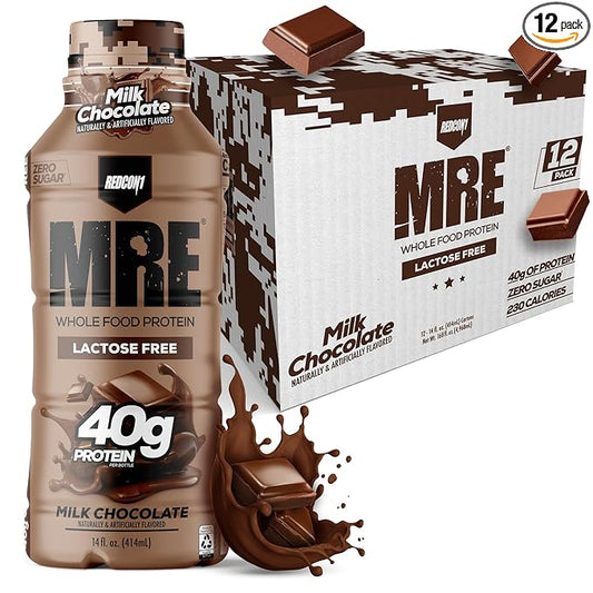REDCON1 MRE Ready to Drink Protein Shake, Milk Chocolate - Lactose + Whey Free RTD 40gr Protein Made with Real Whole Food Protein Blends - Keto-Friendly and Easy to Digest Nutritional Shake (12 Pack)