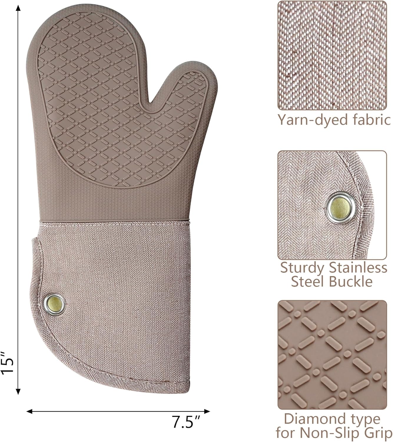 Professional Microwave Silicone Oven Mitts one Pair, Kitchen Mitten Set for Heat Resistant with 500 Degrees, Kitchen Gloves Pot Holder for BBQ Cooking Baking (Khaki)