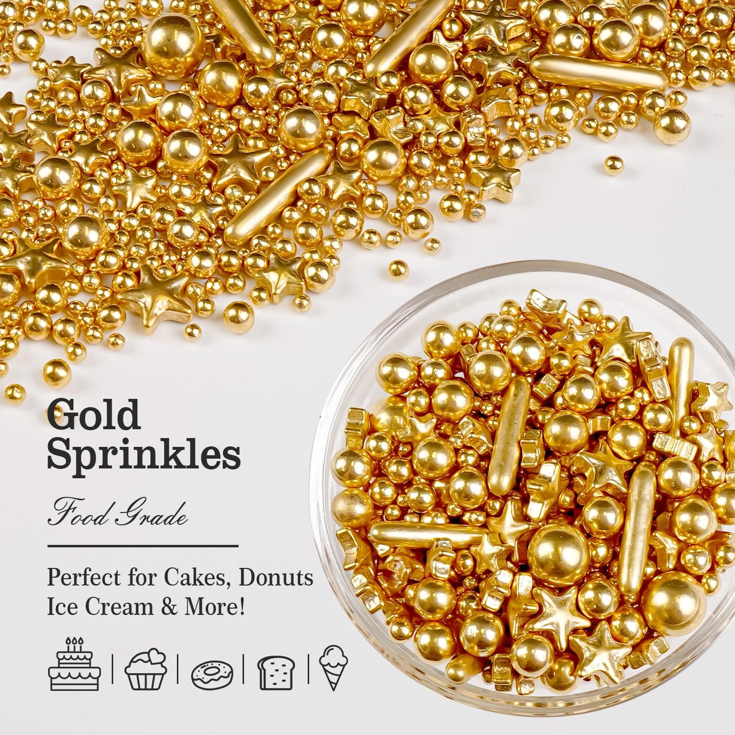 Gold Pearl Star Rods Sprinkles, Edible Gold Pearls Sprinkles for Cake Decorating, 150g/5.29oz, Cake Decoration, Cake Toppers, Wedding Party, Christmas Baking Supplies