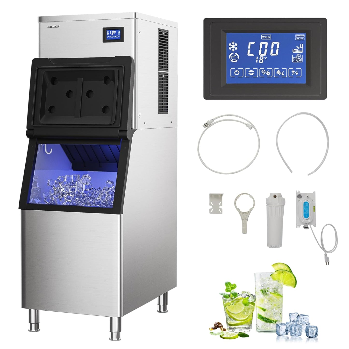 Commercial Ice Maker Machine, 400 lbs /24 h, 330 lbs Storage Bin, Stainless Steel, Automatic Cleaning, Blue Ray, Perfect for Bar or Business, Includes Ice Shovel, Connection Hose