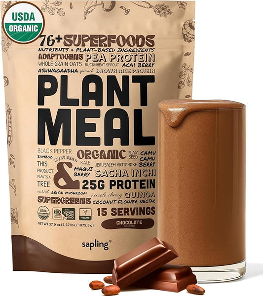 Plant Meal Replacement Shake - Chocolate - 25g of Plant Based Vegan Protein Powder, 76+ Organic Superfoods, Vitamins & Minerals, Mushrooms, Super Greens, Digestive Enzymes & Probiotics - 15 Servings