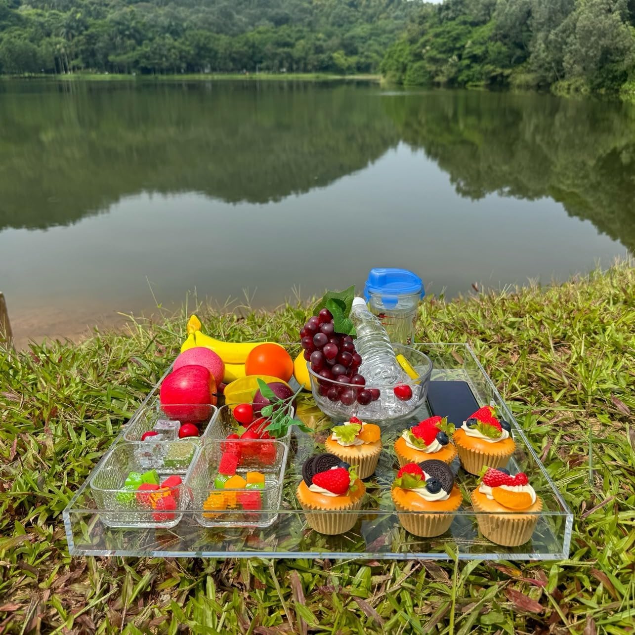 Clear Acrylic Ottoman Tray with Cutout Handles 20x20 Inch Over Sized Serving Tray, Organizer Rubber Boot Tray Decorative for Living Room Bedroom,Bathroom and Entryway Kitchen Tabletop