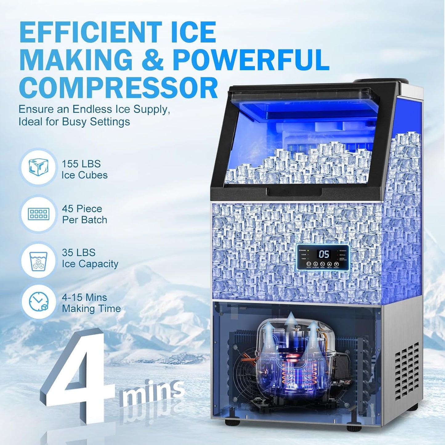 Commercial Ice Maker Machine 155Lbs/24H, 15" Wide Under Counter/Freestanding Ice Machine, 45 Ice Cubes in 4-15 Mins, 35Lbs Ice Storage, 2 Water Supply Modes, Built-in Ice Maker for Home, Bar, Outdoor