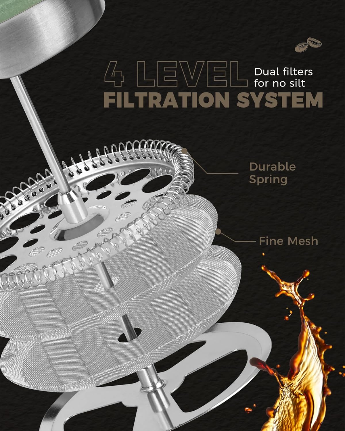 POLIVIAR French Press Coffee Maker, 34 oz Coffee Press with Real Wood Handle, Double Wall Insulation & Dual-Filter Screen, Food Grade Stainless Steel for Good Coffee and Tea JX2023-FPLN