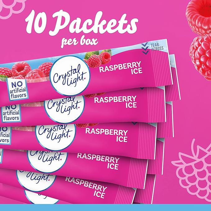 Crystal Light Raspberry Ice Artificially Flavored Powdered Drink Mix, 120 ct Pack, 12 Boxes of 10 On-the-Go-Packets